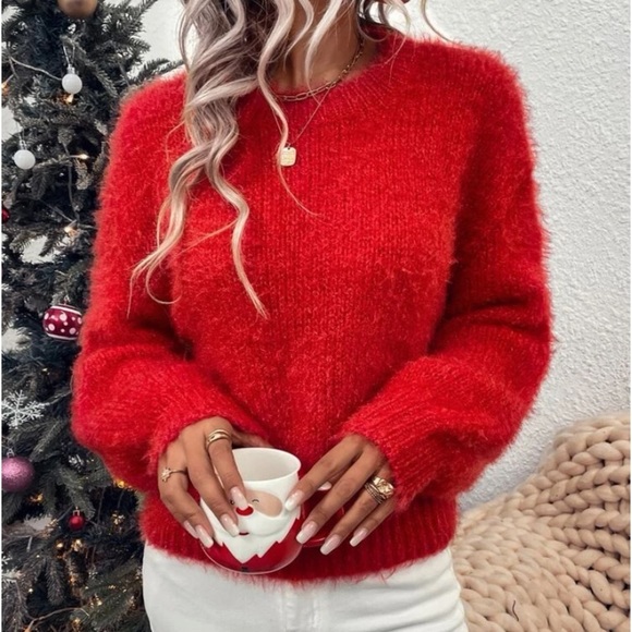 New red fuzzy long sleeve sweater - Picture 4 of 6